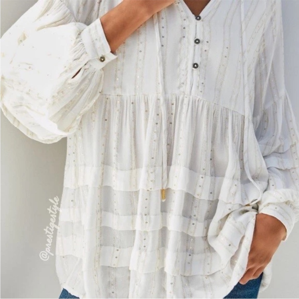 Anthropologie Quinn Shimmery Sequined Tunic Blouse Cream/Gold Size Medium Nwt